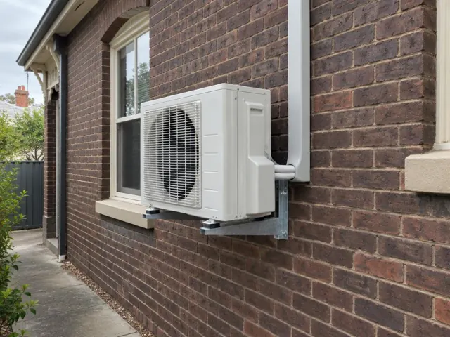 Wall-mounted outdoor air conditioner unit beside a brick house window in Parkside